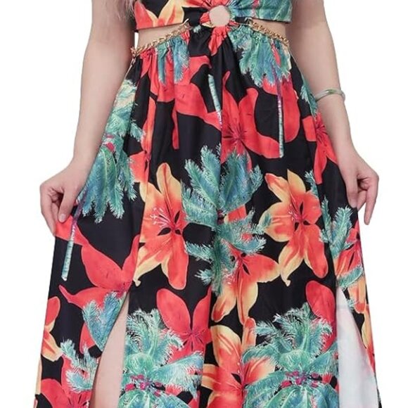 Dresses & Skirts - Women's Floral Maxi Dress V-Neck High Slit Boho Beach Vacation Sundress